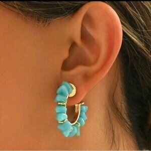 NEW!! Gold Plated Turquoise Beaded Half  Hoop Post Earrings